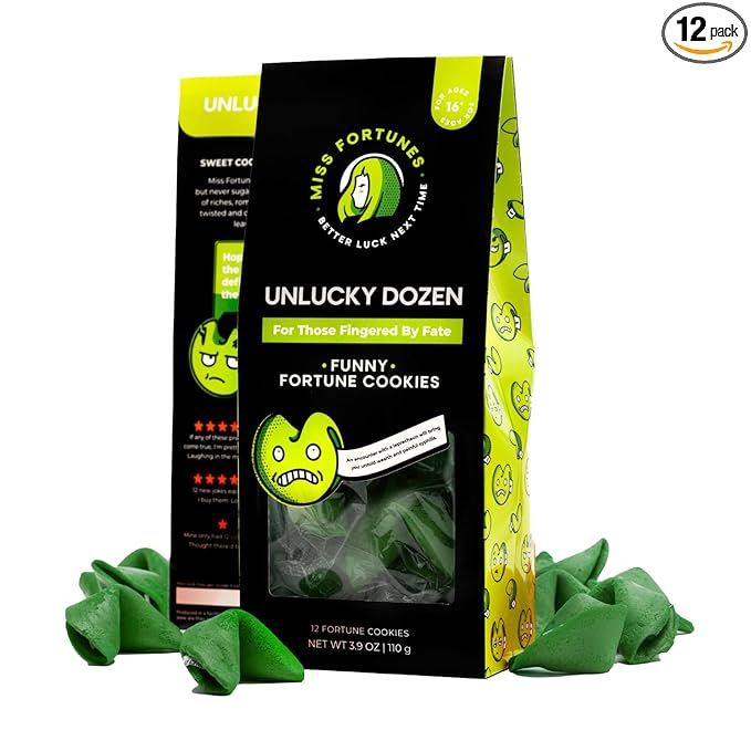 Miss Fortunes, Funny Fortune Cookies, The Unlucky Dozen, For Those Who Have Been Finger'd By Fate! Written by Professional Comedy Writers (Box of 12 Individually Wrapped Green Fortune Cookies)