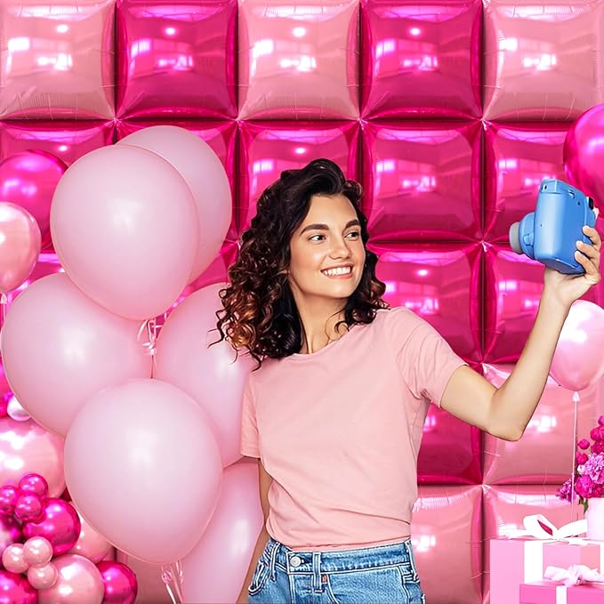 NISOCY 25PCS Hot Magenta Pink Square Foil Balloons Wall Backdrop Double Sided Metallic Pink Balloons Arch Kit for Galentines Valentines Day Bachelorette Birthday Engagement Bridal Party Decorations