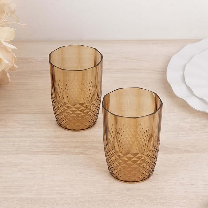 Efavormart 6-Pack Plastic Tumblers, 16oz Unbreakable Drinking Glasses Crystal Cut Style Amber Gold - Shatterproof Short Cups