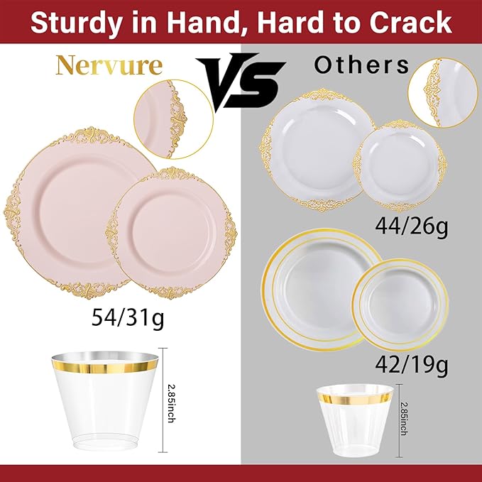 Nervure 175PCS Pink Plastic Plates - Disposable Pink Gold Party Plates & Pre Rolled Napkins with Cutlery for 25 Guests, 50Plates, 75Silverware, 25Cups, 25Napkin for Wedding & Party & Valentines