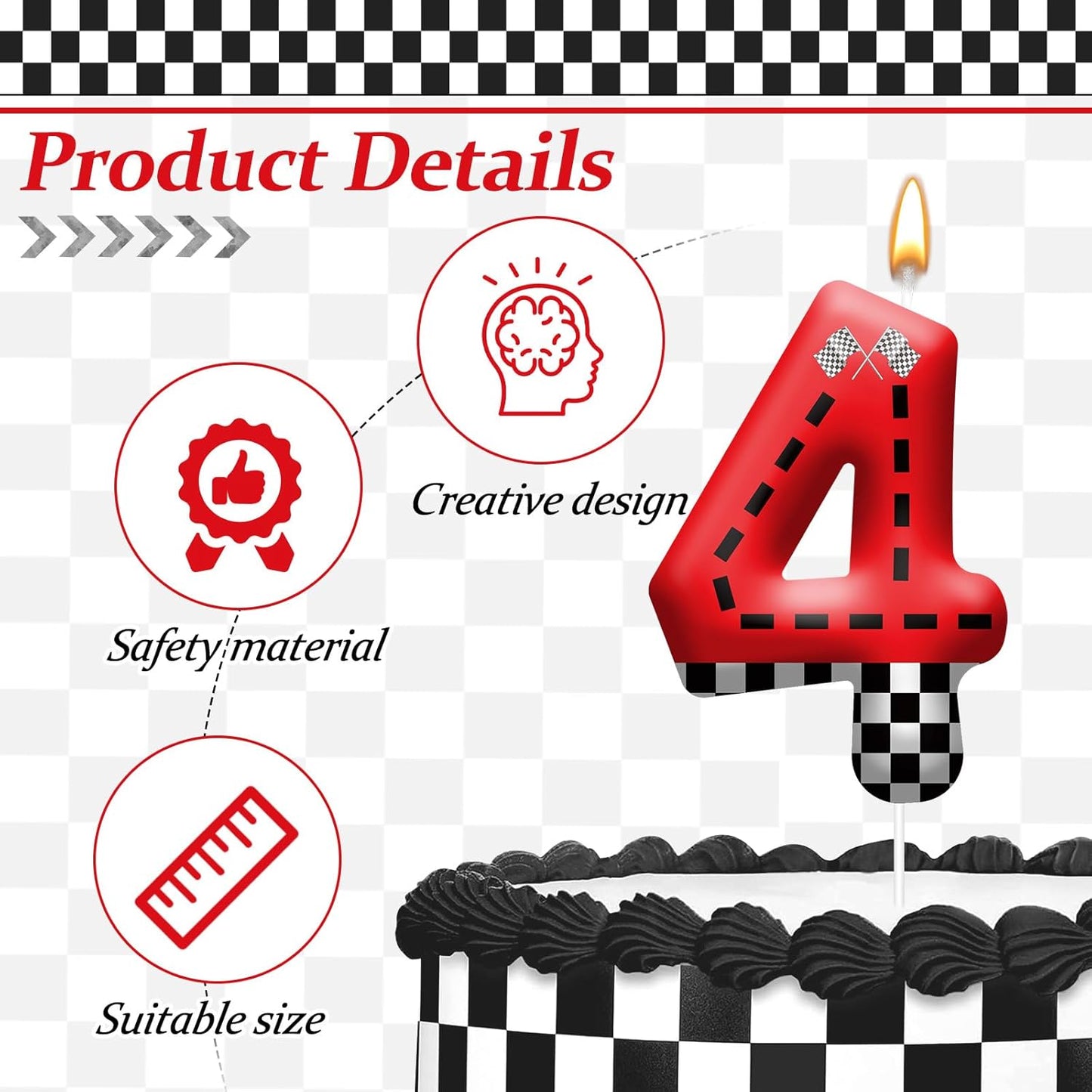 Racing Car Theme Birthday Candle with Checkered Flag Design - Durable Cake Topper for Race Car Party Decorations,Birthday Supplies - Number 4 Candle for Racing Themed Celebrations