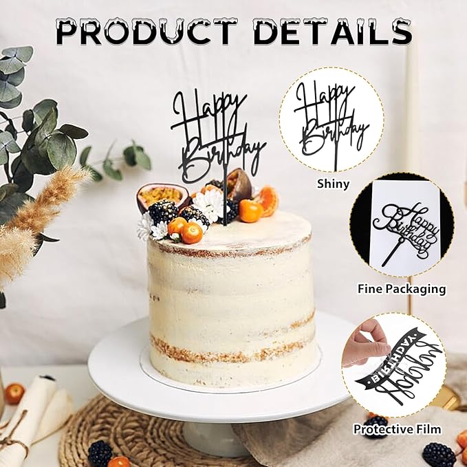 6 Pcs Acrylic Happy Birthday Signs - Black Cake Toppers for Cake Decorations - Personalized Cupcake Toppers & Inserts