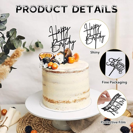 6 Pcs Acrylic Happy Birthday Signs - Black Cake Toppers for Cake Decorations - Personalized Cupcake Toppers & Inserts
