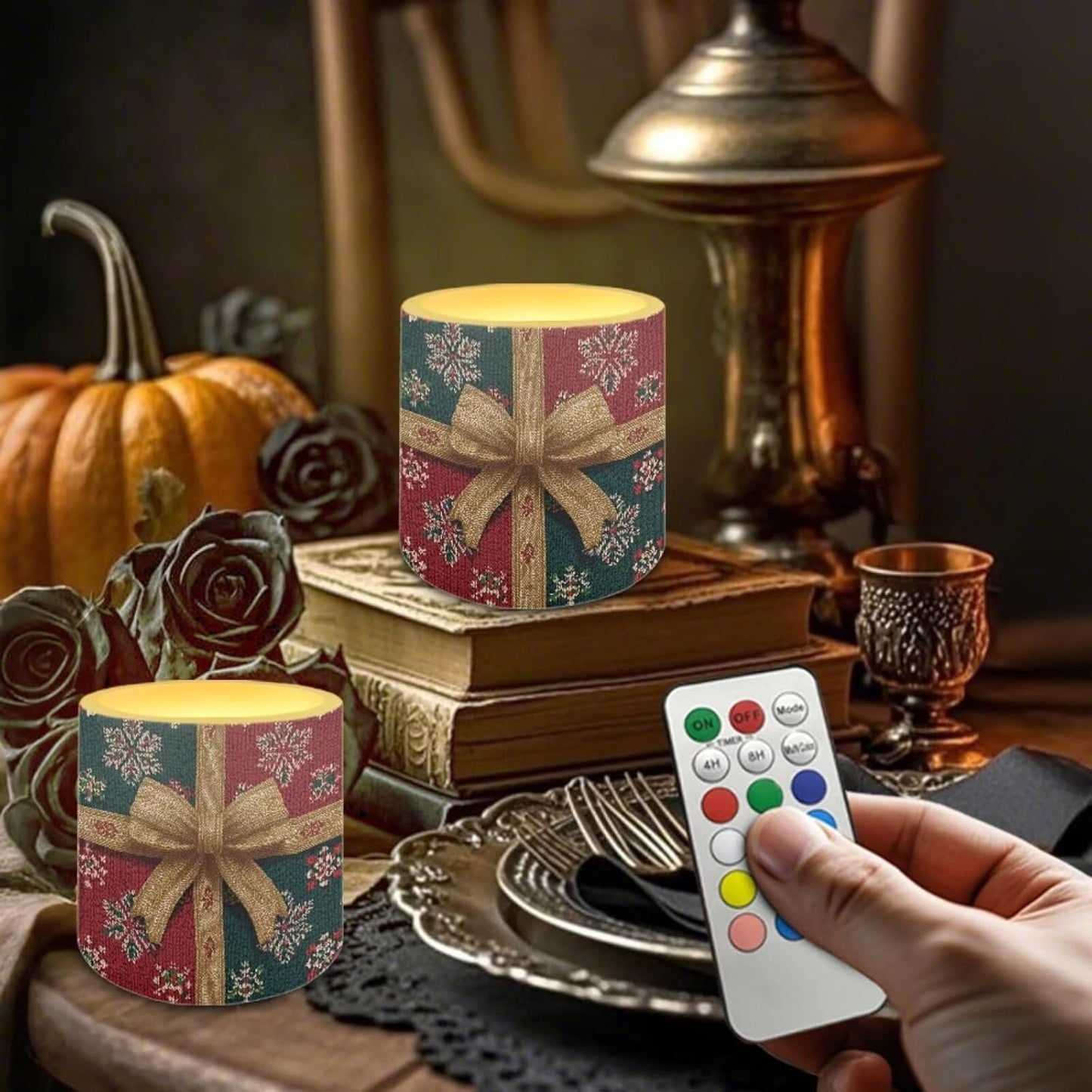 Poceacles 4 PCS Christmas Decor LED Candles with Remote Control Flameless 4/8 Hours Timer Multi-Color Night Lights for Weddings Parties Indoor Outdoor Decor, Bow Snowflake Pattern Green Red