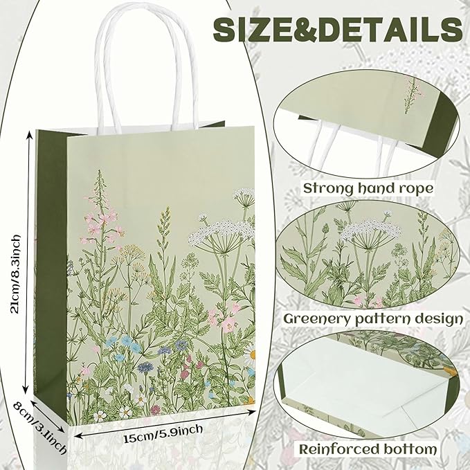 Bolsome 24Pcs Vintage Wildflower Paper Gift Bags Retro Floral Party Favor Bags with Handles Herb Goodie Candy Treat Bags for Wedding Birthday Baby Shower Party Supplies