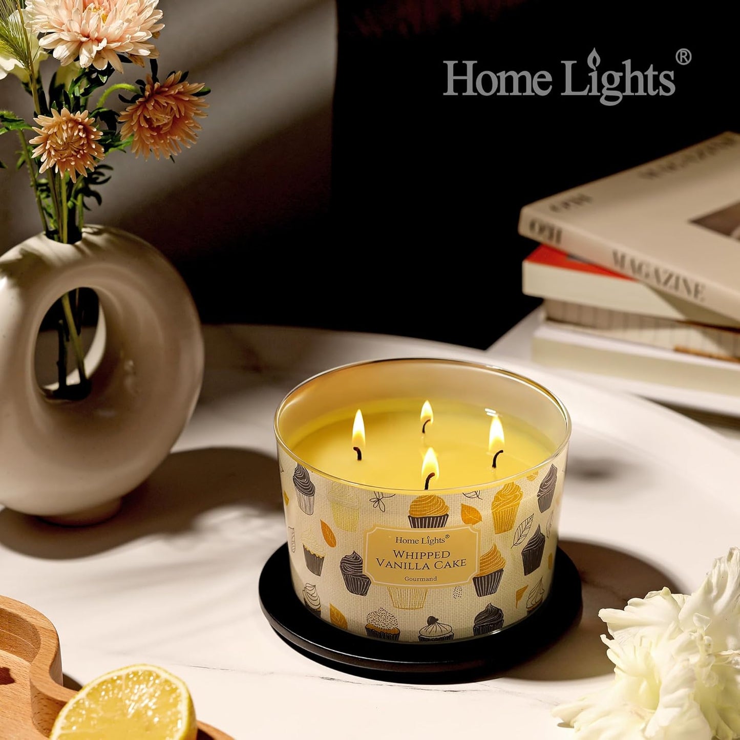 HomeLights Scented Candles for Women & Men, 18oz Candle Jars Aromatherapy 4-Wick Candle, Ideal for Rustic Modern Home Decor and Gifts, Whipped Vanilla Cake