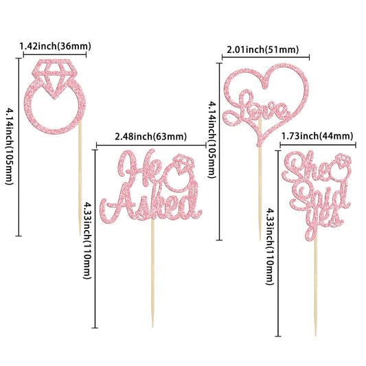 Gyufise Pink 24Pcs He Asked She Said Yes Cupcake Toppers Diamond Ring Heart Cake Picks for Wedding Engagement Party Cake Decorations