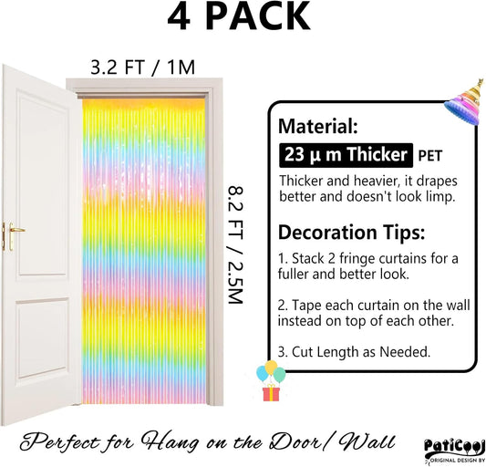 Pastel Rainbow Streamers - Thicken 4 Pack 3.2 x 8.2 FT - Pastel Rainbow Foil Fringe Curtains, Pastel Backdrop for Birthday, Baby Shower, Easter, Spring Party Decorations