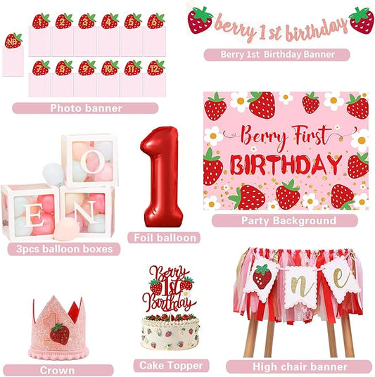 Berry Baby Girl 1st Birthday Decor, Strawberry First Birthday Decorations for Girls with Balloon Arch, Party Backdrop, High Chair Banner, Crown, Photo Banners, Cake Topper