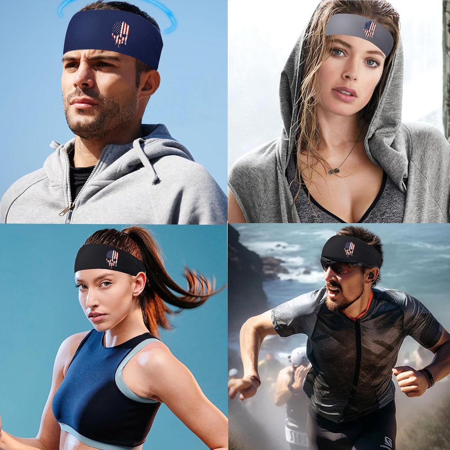 Headbands for Men 3 Pack Sport Sweat Bands Headbands Men Skull Finger Workout Sweatbands for Mens Women Head Bands Cooling Running Men's Hairband Headband