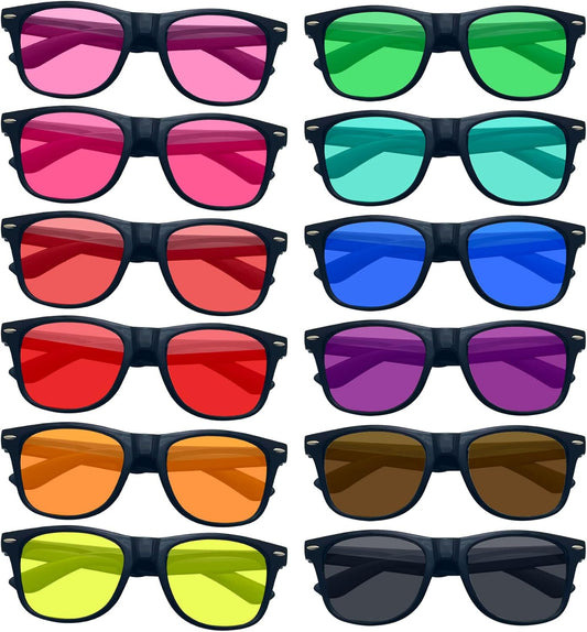 SUNOVELTIES 12/24 Pack Neon Party Sunglasses Mirrored/Jelly Lens Bulk Glasses Horn Rimmed Eyewear for Men Women