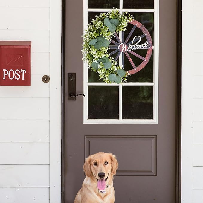 Eucalyptus Leaves Wreath,Wooden Wheel Wreath Artificial Wreath Wheel Garland Door Hanging Spring Summer Green Leaves Wreath with Welcome Sign for Farmhouse Home Indoor Outdoor Decor