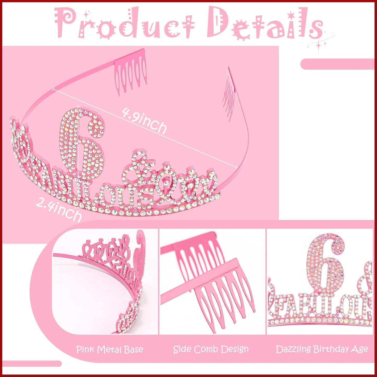 6th Birthday Decorations for Girls Set - Happy 6th Birthday Princess Crown and Glitter Sash, 6 Year Old Girl Tiara Party Decorations Supplies Outfit Accessory Gifts
