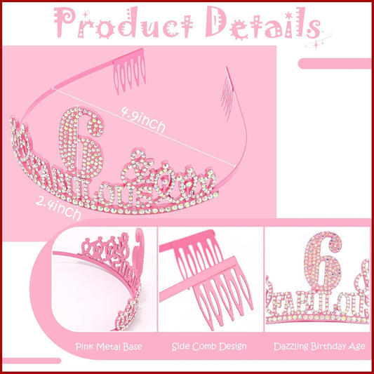 6th Birthday Decorations for Girls Set - Happy 6th Birthday Princess Crown and Glitter Sash, 6 Year Old Girl Tiara Party Decorations Supplies Outfit Accessory Gifts