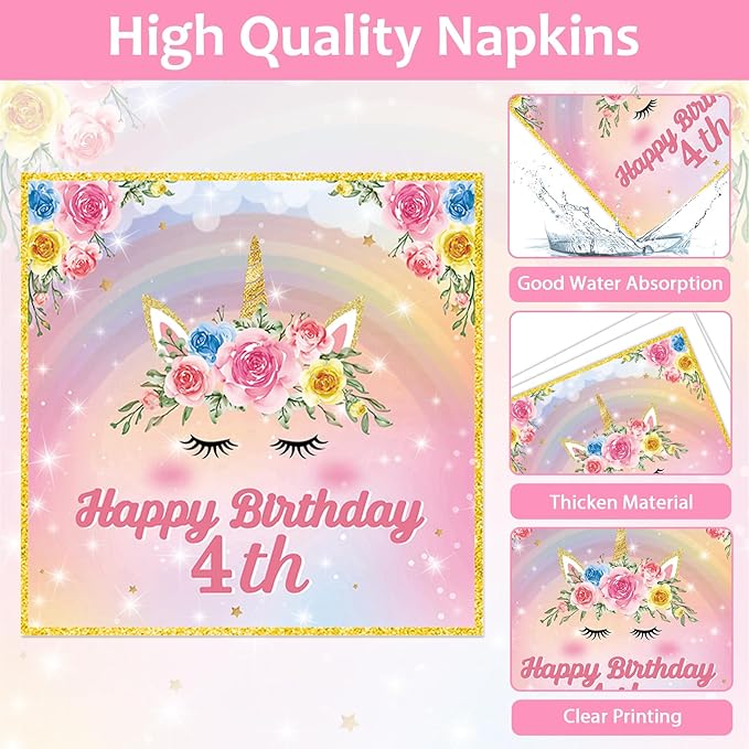 96PCS Four Ever Magical Party Paper Plates and Napkins Unicorn 4th Birthday Party Decor Rainbow Unicorn Plates Girls 4 Year Old Tableware Set for 24 Guests Magical 4th Birthday Gatherings Decorations