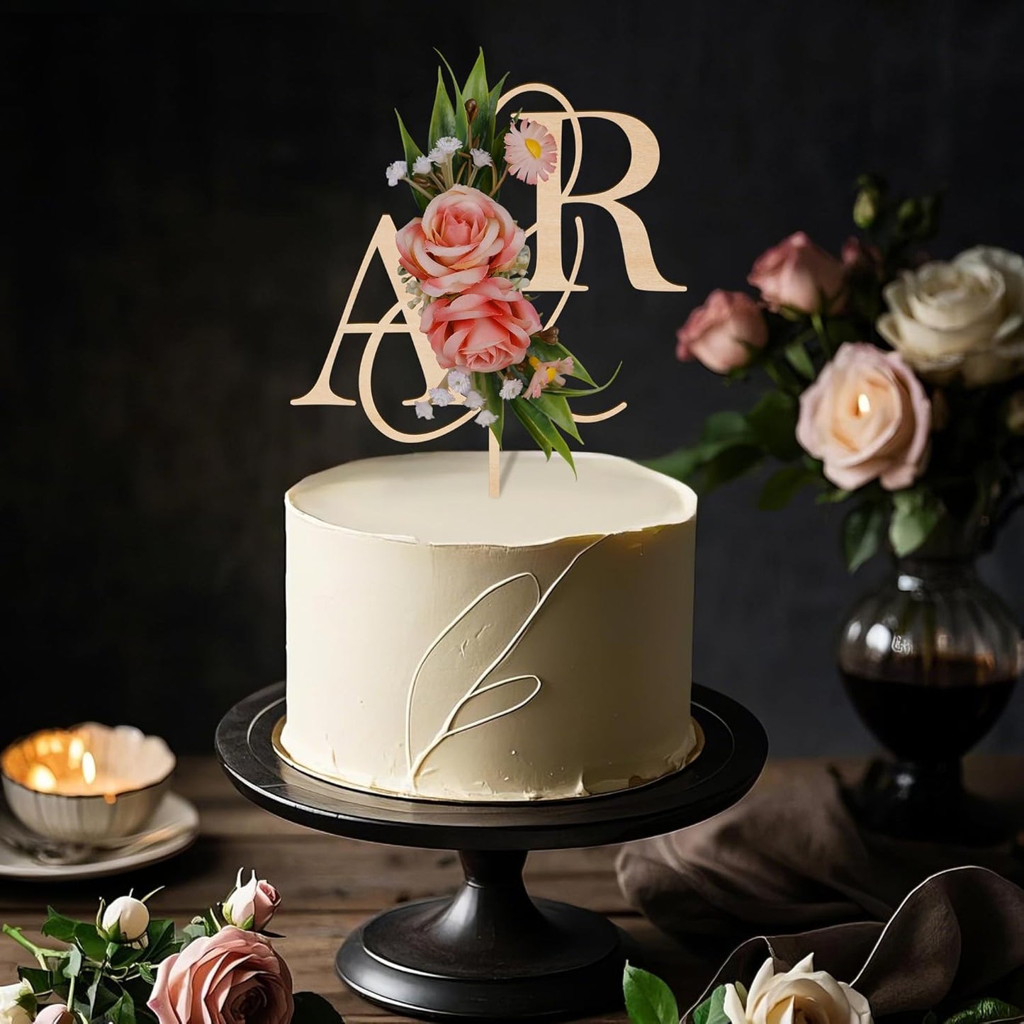 Wedding Cake Topper with 3D Artificial Flowers and Green Leaves Custom Initials Personalized Wooden Engagement Anniversary Cake Decoration