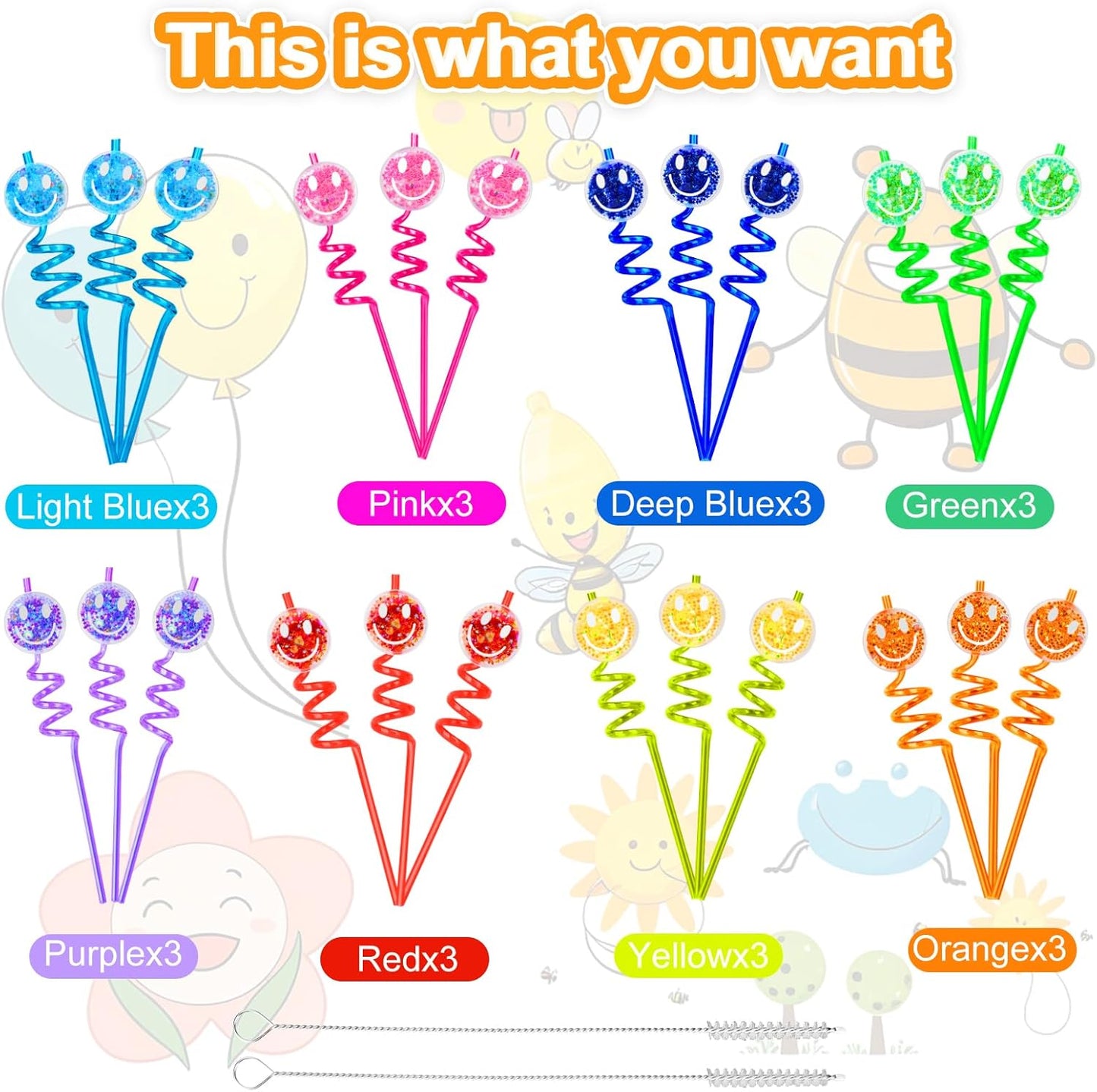 24Pcs Reusable Glitter Smile Straws,Glitter Smile Themed Party Supplies,Happy Pastel Party Decorations, Pink Girl Party With 2Pcs Cleaning Brushs