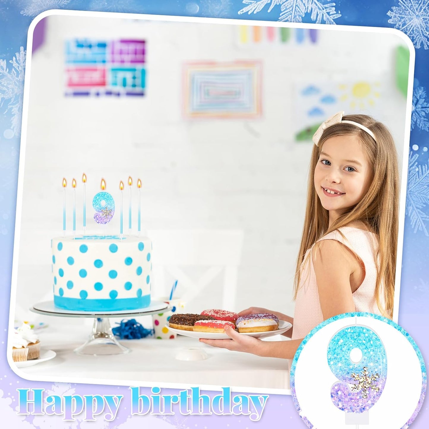 MTLEE Number 9 Birthday Candle Blue Snowflake with 6 Long Thin Cupcake Candles Blue Sparklers Glitter Number Happy Birthday Cake Topper Decorations for Winter Party Supplies