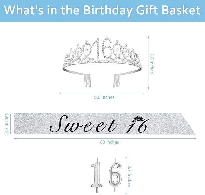 Sweet 16 Party Decorations for Girls with Sweet 16 Sash Silver, Rhinestone 16th Birthday Tiara, 16 Candles Silver, 16th Birthday Gifts for Girls