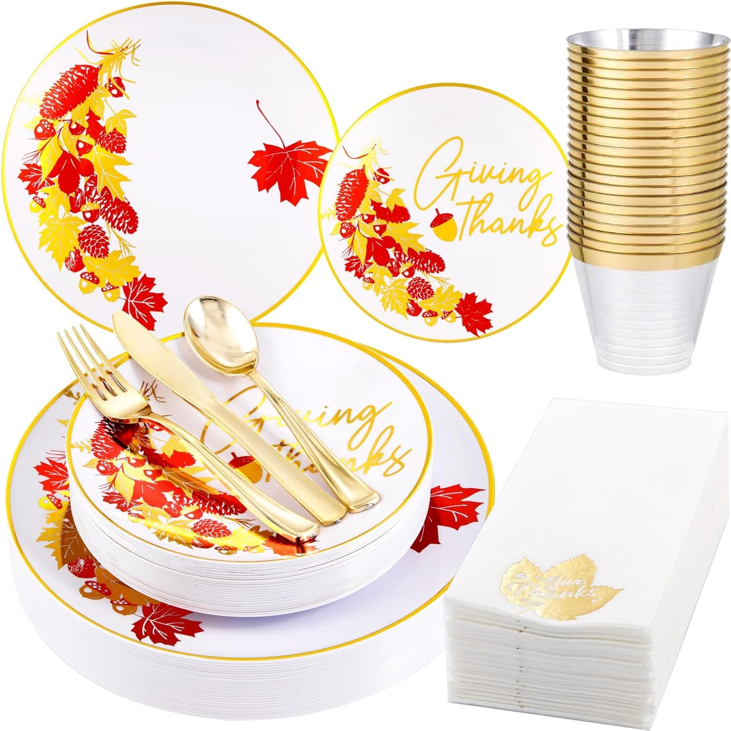 Hioasis 175pcs Thanksgiving Plastic Plates - White and Gold Disposable Plates include 25 Dinner Plates-25 Dessert Plates-25 Knives-25 Forks-25 Spoons-25 Cups-25 Napkins for Thanksgiving Party