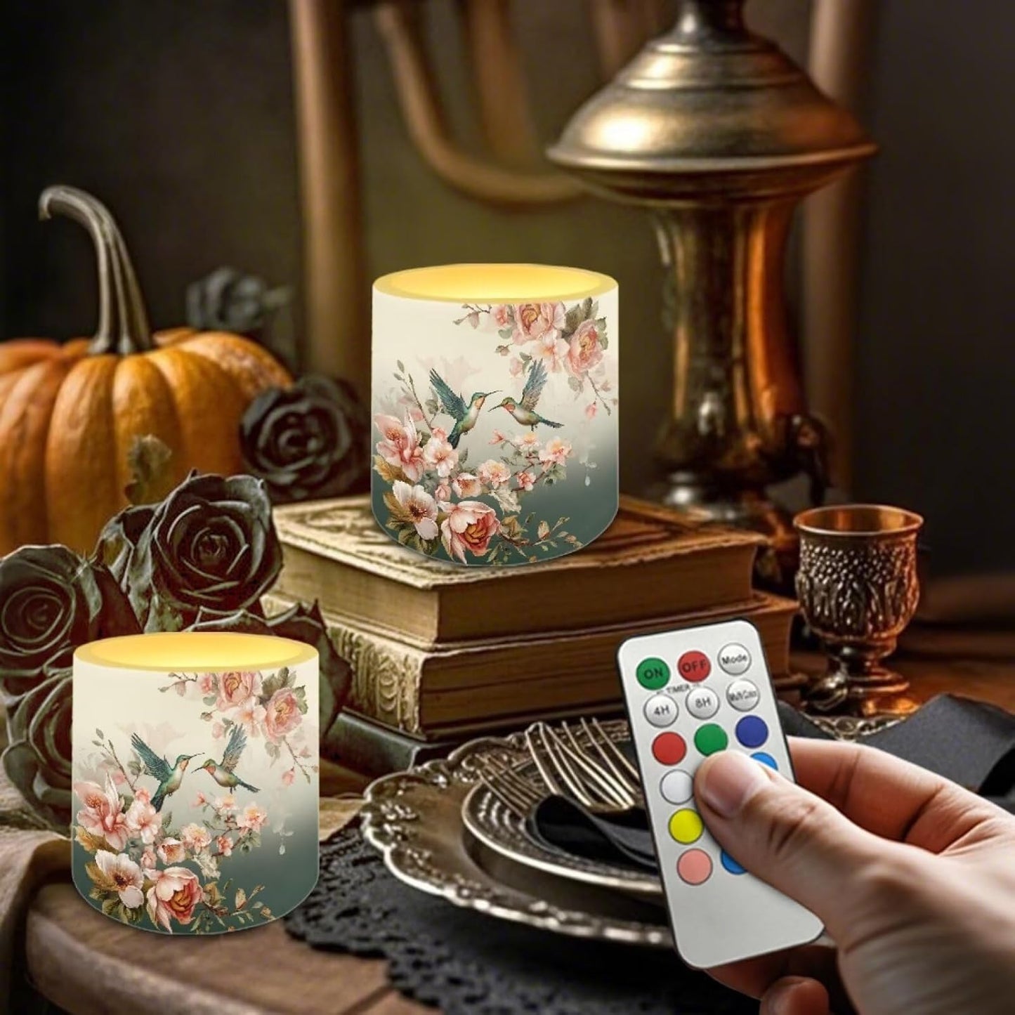 Poceacles Flameless LED Candles Set of 4 Battery Operated Candles with Remote and Timer, Realistic Flickering Tealights for Indoor Outdoor Decor, Hummingbird Floral Pattern