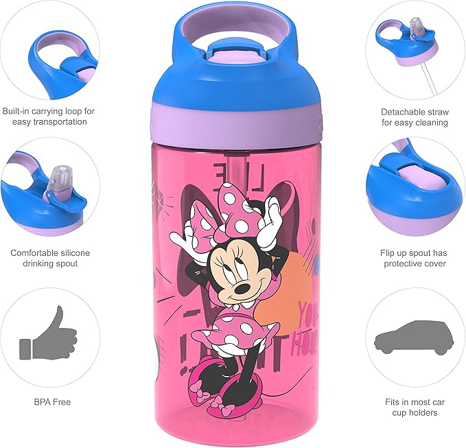 Zak Designs 5-Piece Dinnerware Set, Disney Minnie Mouse - Durable Plastic & Stainless Steel - Includes Water Bottle, 8-Inch Plate, 6-Inch Bowl, Fork & Spoon - Suitable for Kids Ages 3+