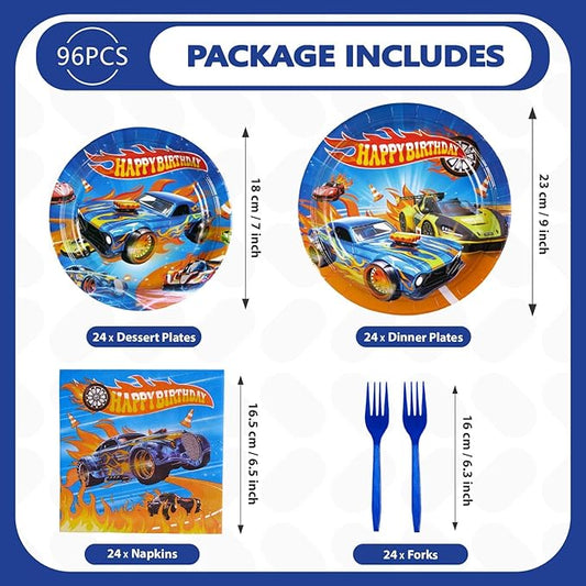 Grencian 96Pcs Racing Car Birthday Decorations for Boys Hot Car Party Plates and Napkins Tableware Sets Hot Cars Birthday Decorations for Kids Race Sports Game Themed Party Favors Supplies Serves 24