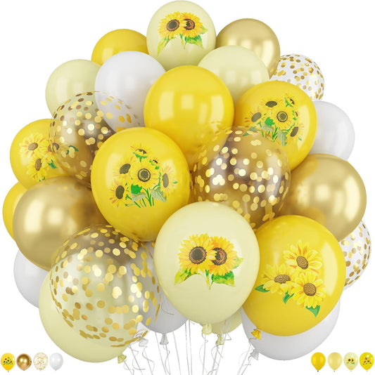Sunflower Yellow Gold Balloons - 12 Inch Sunflower Bee Theme with Metallic Gold Confetti for Kids Birthday & Baby Shower Party Decorations