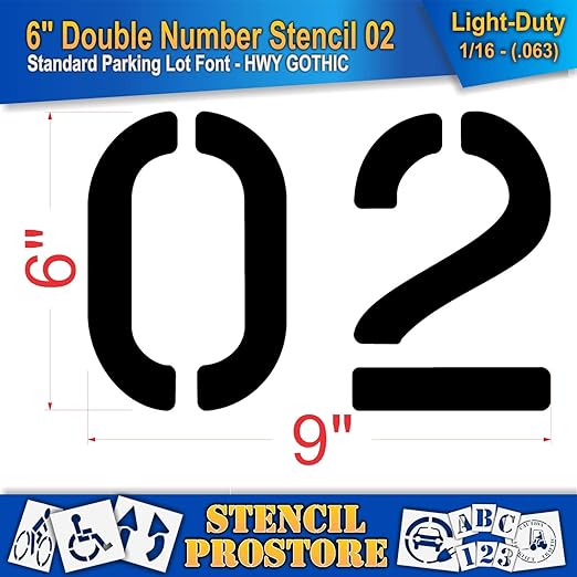 Pavement, Curb, and WheelStop Stencils - 6 inch Double Number Stencil - (02) - 6" x 9" x 1/16" (63 mil) - Light-Duty