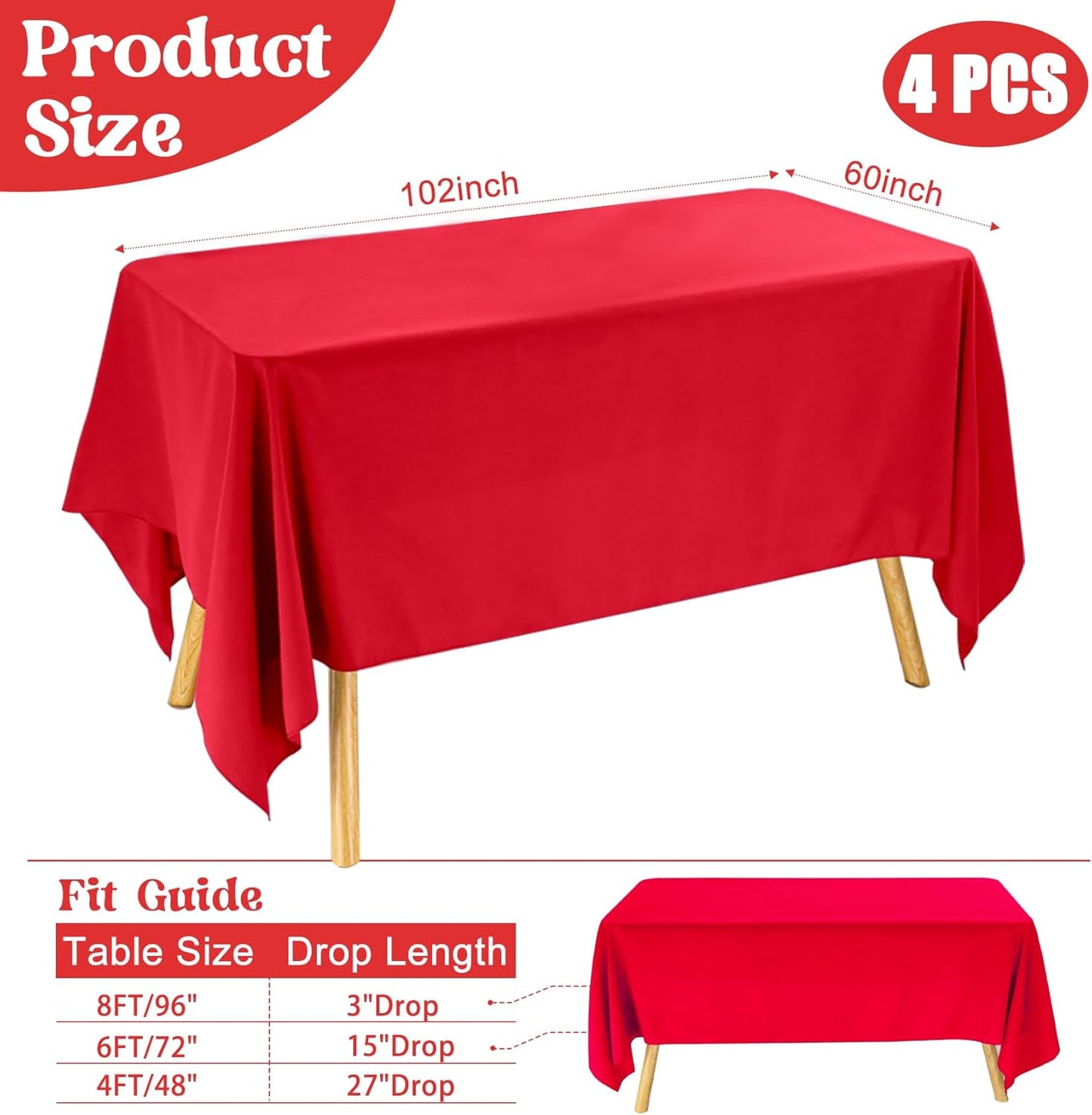 4 Pack Rectangle 60x102 Inch Red Polyester Table Cloth Washable Table Cover for Wedding Dining Table Buffet Parties Banquet Decoration（Red）