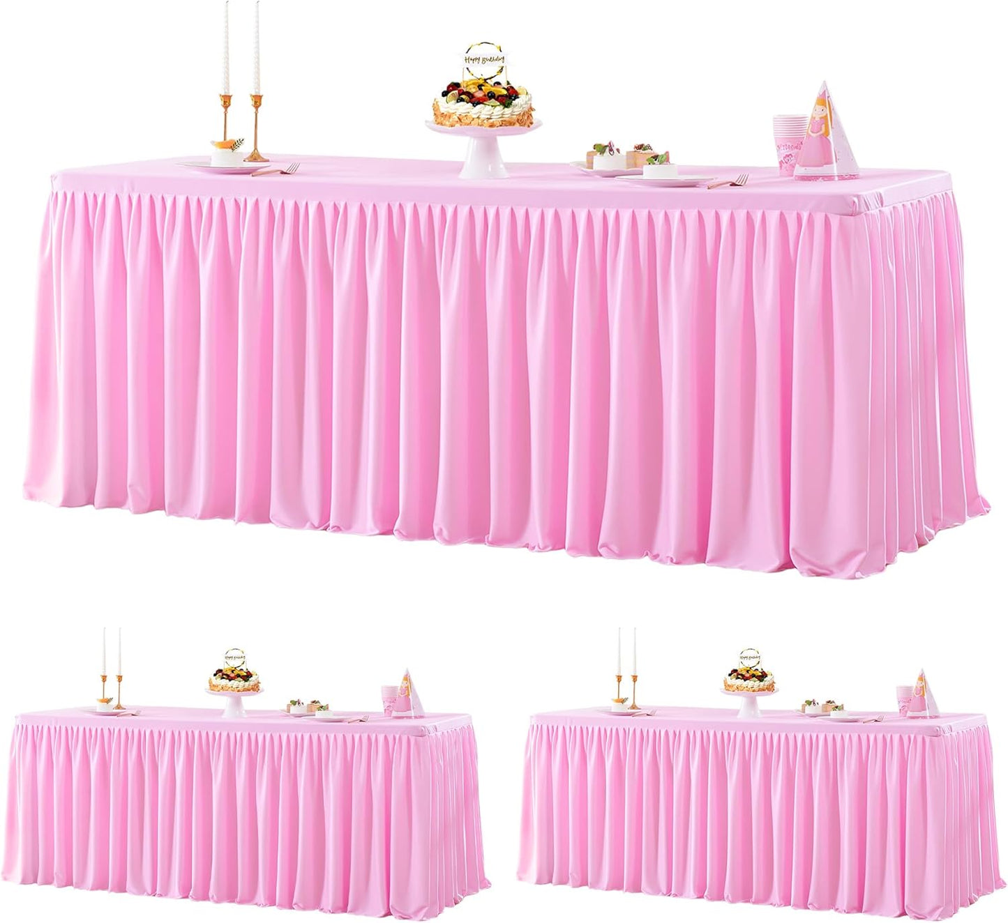 3 Pack Pink Polyester Table Clothes for 6 Foot Rectangle Tables, Wrinkle Free Fitted Table Cover with Pleated Ruffle Table Skirt for Party Baby Shower Wedding Birthday Event Display