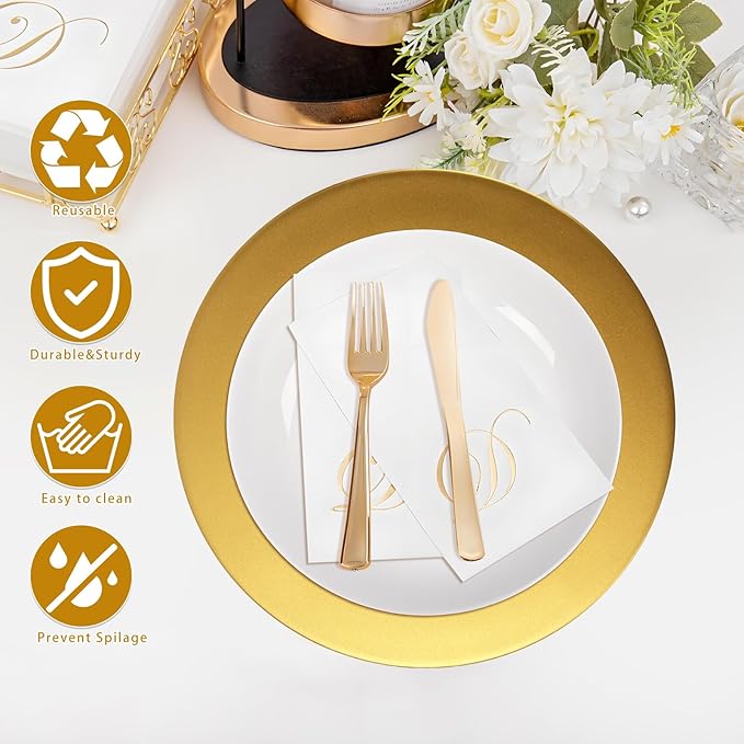 Cheardia 12 Pack Plastic Gold Charger Plates, 13 Inch Round Decorative Serving Dinner Charger Plate Bulk for Wedding, Catering, Parties, Restaurant, Home