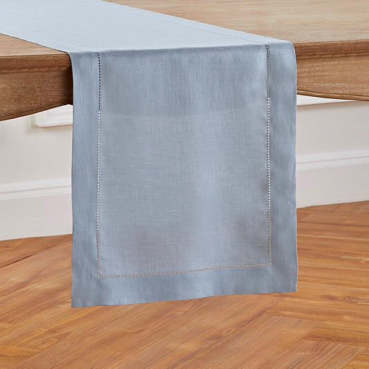 Solino Home Linen Table Runner 120 Inches Long - 100% Pure Linen Dusty Blue Table Runner 14 x 120 Inch for Fall, Autumn, Thanksgiving - Classic Hemstitch