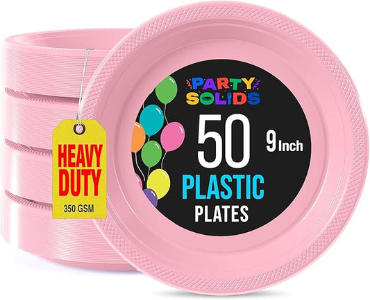 Exquisite Party Solids Pink Plastic Plates For Party Supplies 9" Pink Disposable Plates Heavy Duty 50 Pcs Plastic Dinnerware Sets Heavy Duty 350 GSM Disposable Dinnerware Set