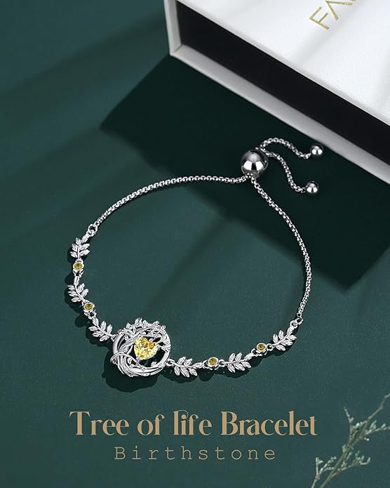 FANCIME Valentines Day Gift Tree of life Birthstone Bracelet for Women Sterling Silver Tree Jewelry Birthstone Charm Bracelet Gemstone Anniversary Birthday Gifts for Wife Mom Her