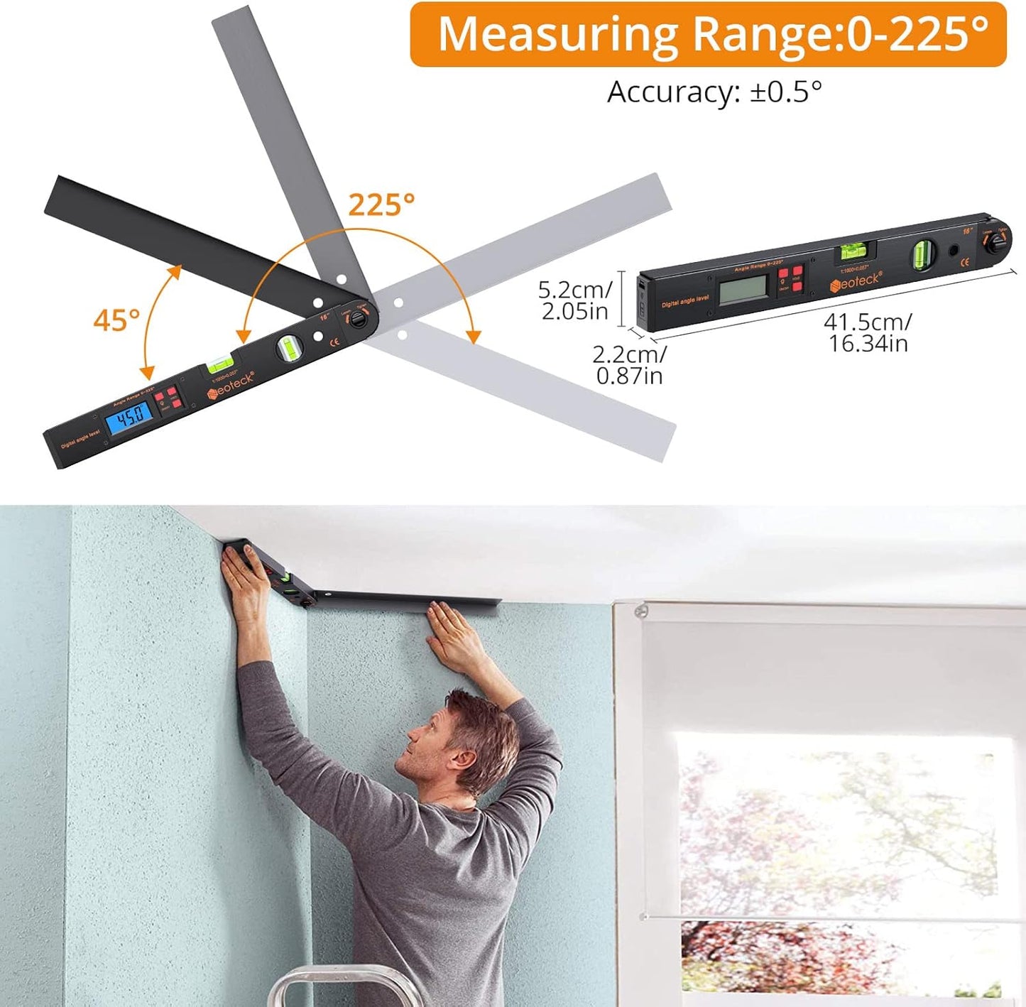 Neoteck Aluminum Digital Angle Finder Protractor 225° 16 inch Backlit LCD Digital with Horizontal and Vertical Bubble - Black