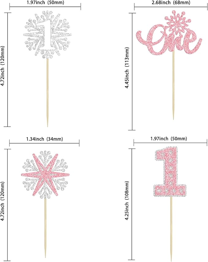 24Pcs Snowflake One Cupcake Toppers Pink Glitter Winter Snowflake 1st Birthday Cupcake Picks First Birthday Cake Decorations for Winter Wonderland Kids 1st Birthday Party Supplies