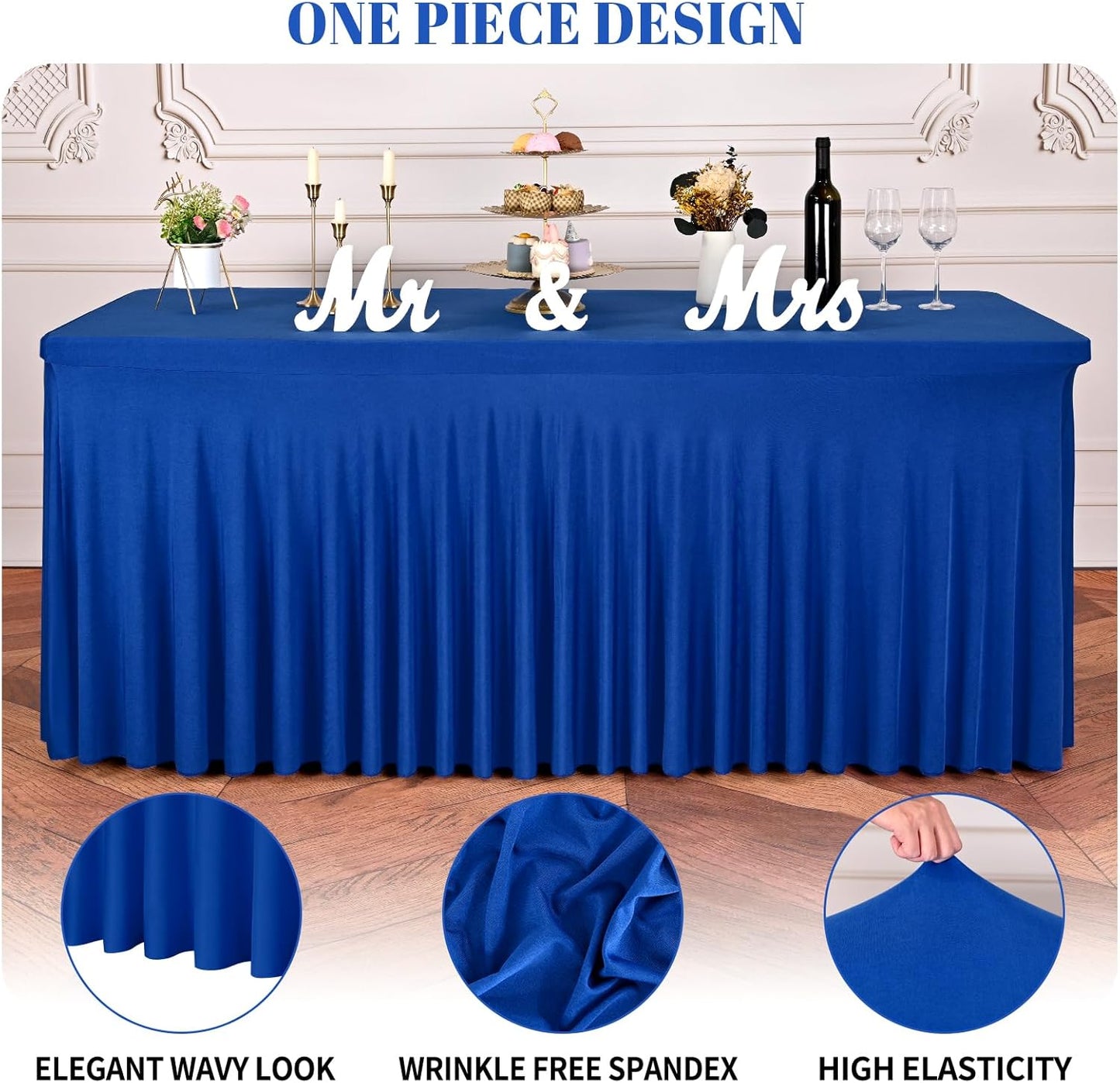 2 Packs Royal Blue Stretch Table Skirts for 6 Foot Rectangle Table, Washable Spandex Stretch Tablecloths with Skirt, Wrinkle Resistant Fitted Tablecover for Wedding Party Banquet