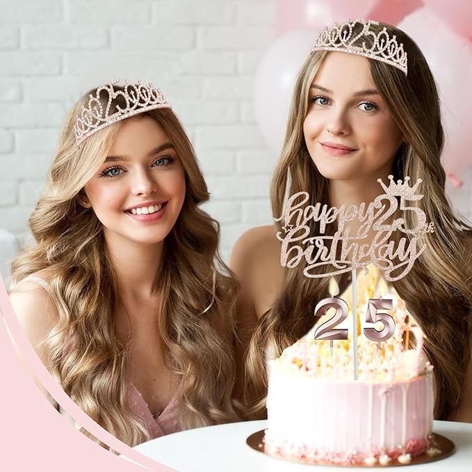 25th Birthday Decorations for Women Include 25th Birthday Sash and Tiara, Cake Topper and Candles, Number Balloons, Greeting Card, 25 Year Old Gifts for Women