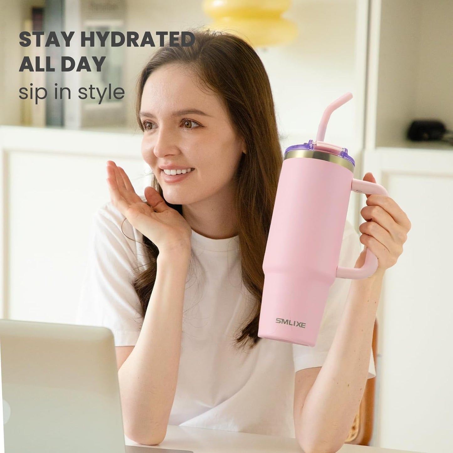 30 oz Tumbler with Handle, Tumbler with Lid and Straw, Double Wall Vacuum Insulated Travel Mug Stainless Steel Tumbler for Hot and Cold, Cupholder Friendly (Pink)