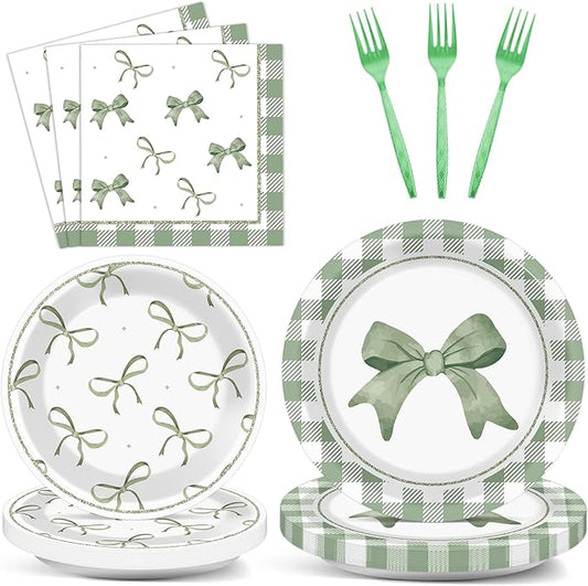 96Pcs Green Plaid Bow Spring Plates and Napkins Coquette Party Decorations Bow Theme Dessert Paper Plates Napkins Birthday Tableware Set for 24 Guests Girls Baby Shower Picnic BBQ Party Suppliess