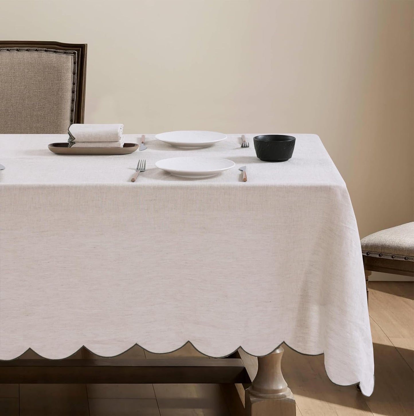 100% French Flax Linen Tablecloths Scalloped Embroidery Rectangle 132Lx60W Inch for Dinners, Parties, Spring, Machine Washable, 12-14 Sets, Linen(Edges-Green)