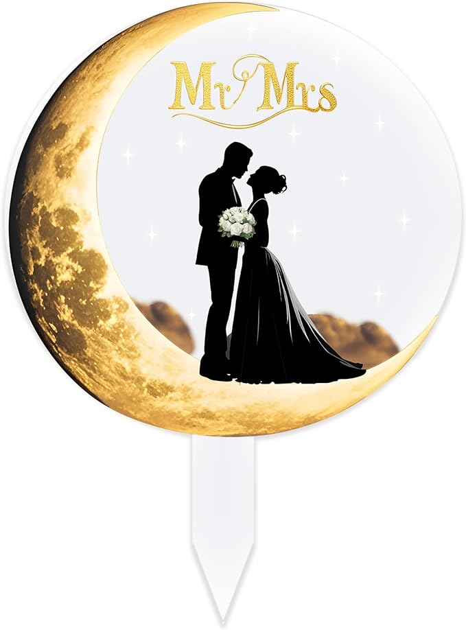 Fuovt Wedding Cake Toppers,Moon-Shaped Acrylic Bride and Groom Cake Topper,Mr & Mrs Wedding Toppers for Cake