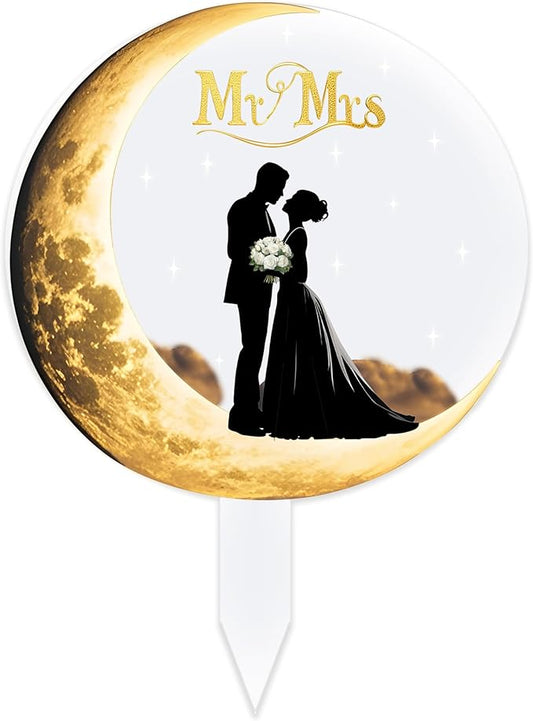 Fuovt Wedding Cake Toppers,Moon-Shaped Acrylic Bride and Groom Cake Topper,Mr & Mrs Wedding Toppers for Cake