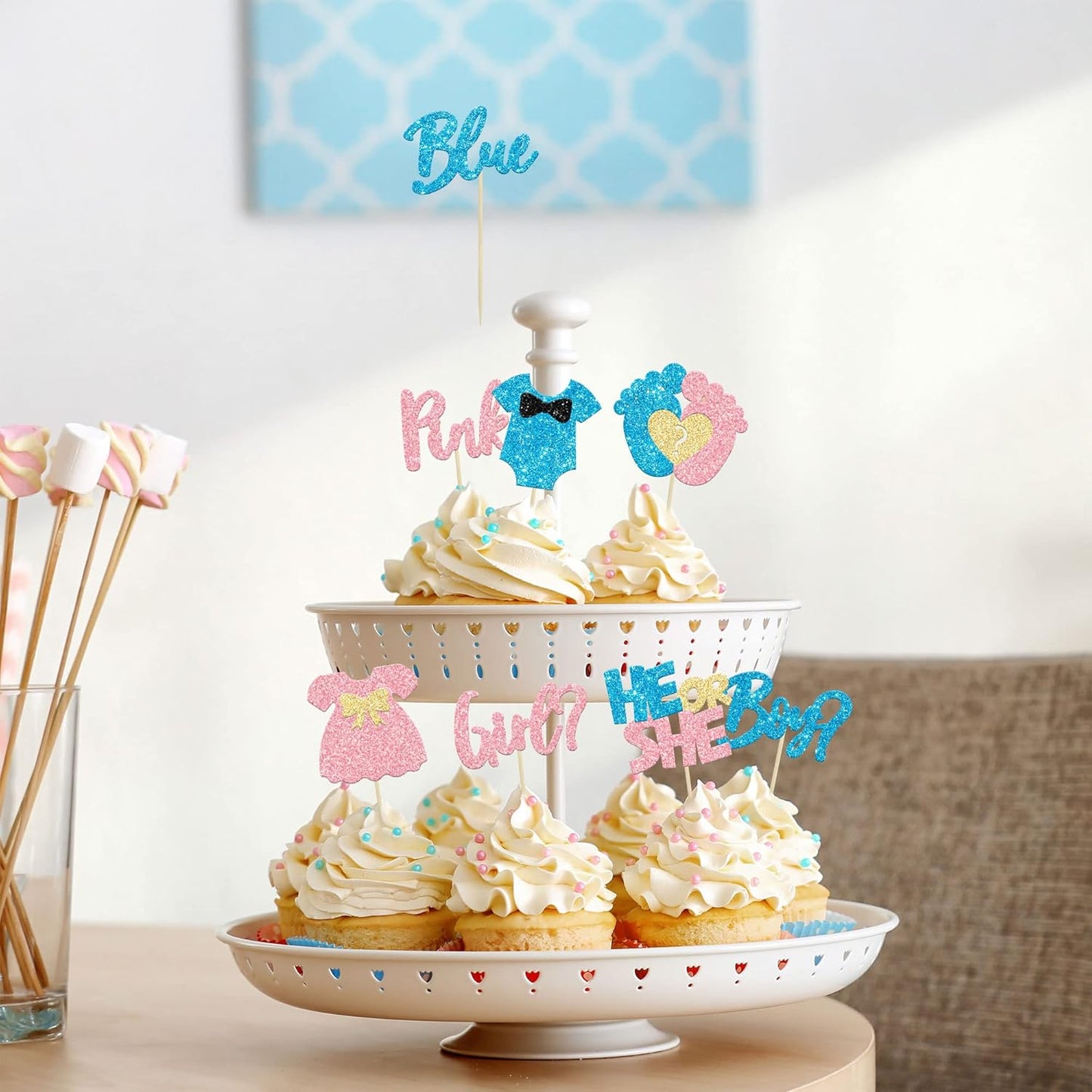 24Pcs Boy or Girl Cupcake Toppers Glitter Feet Onesie Dress Gender Reveal Cupcake Picks Pink or Blue Cake Decorations for Baby Shower Gender Reveal Kids Birthday Party Supplies