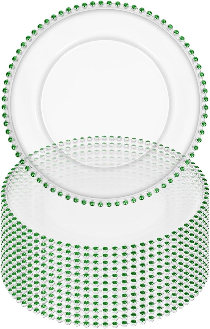 12 Pack Clear Charger Plates Bulk Wedding, 13 Inch Plastic Round Dinner Chargers with Green Beaded Rim, Acrylic Round Decorative Plates for Wedding Party Home and Tabletop Decor (Green)