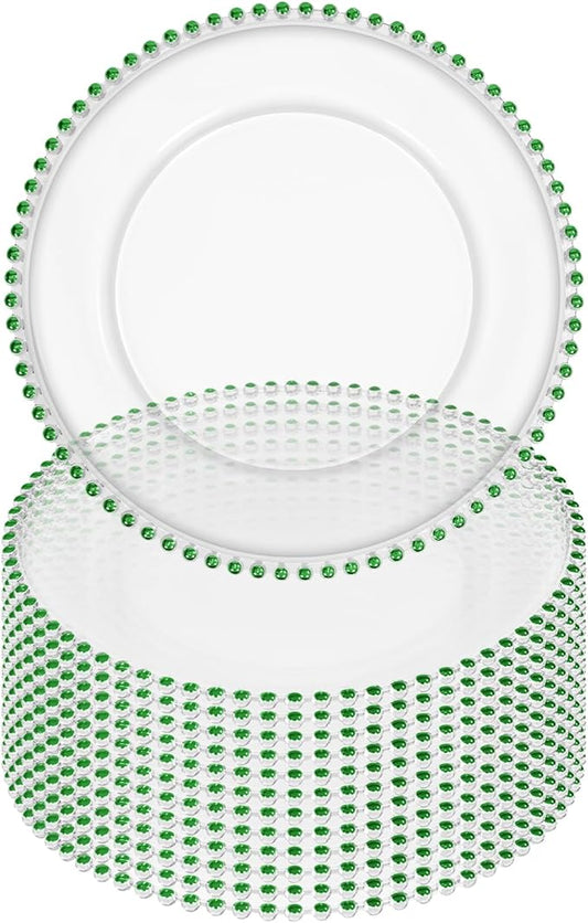 12 Pack Clear Charger Plates Bulk Wedding, 13 Inch Plastic Round Dinner Chargers with Green Beaded Rim, Acrylic Round Decorative Plates for Wedding Party Home and Tabletop Decor (Green)