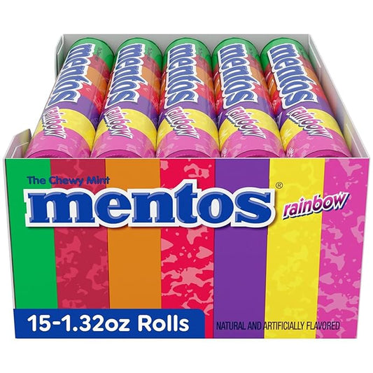 Mentos Chewy Mint Candy Roll, Rainbow Mint Candies, 14 Pieces Per Roll, 15 Count Party Pack