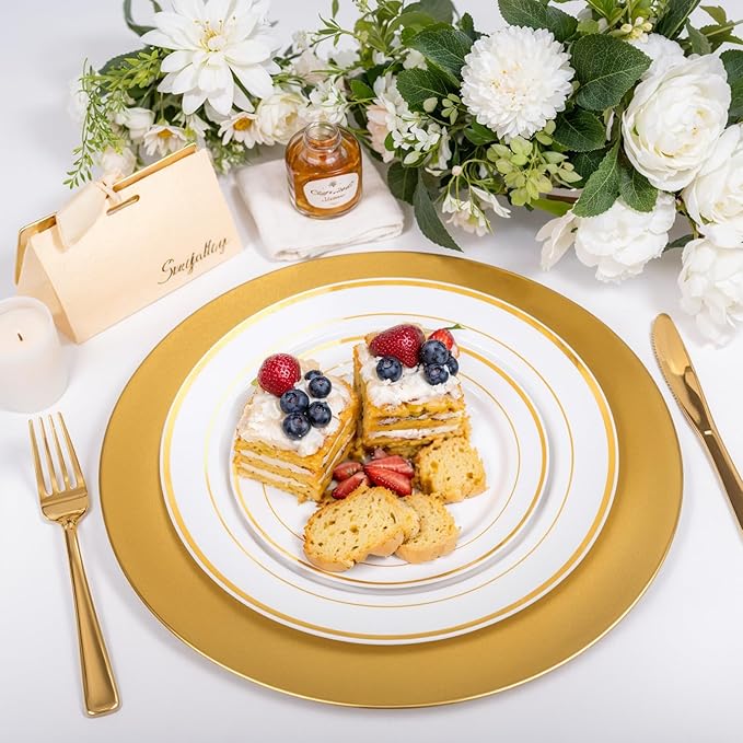 EI 13 Inch Gold Charger Plates,20pcs Round Charger Plates Bulk,Plastic Plate Chargers & Service Plate for Wedding,Party