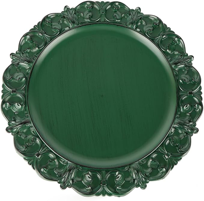 Gifturbo 6 Pcs Green Charger Plates, 13 Inch Round Chargers for Dinner Plates with Vintage Embossed Rim, Antique Plastic Plate Chargers for Christmas Party, Table Setting, Wedding